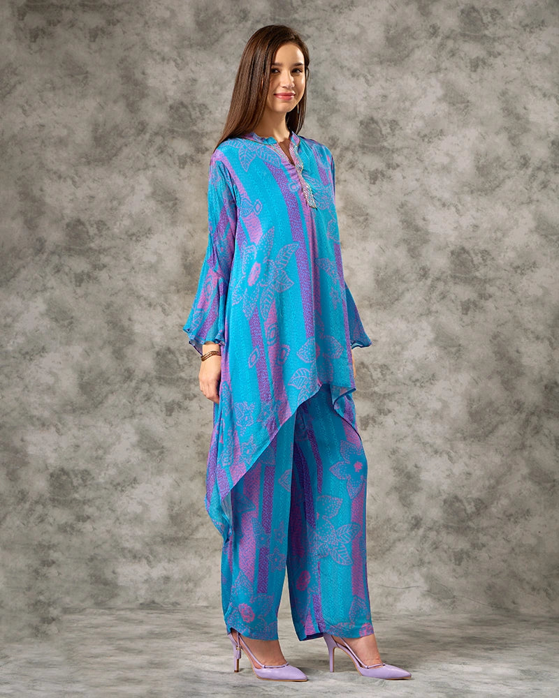 V-Neck Bandhani Printed Co.ord Set - Blue