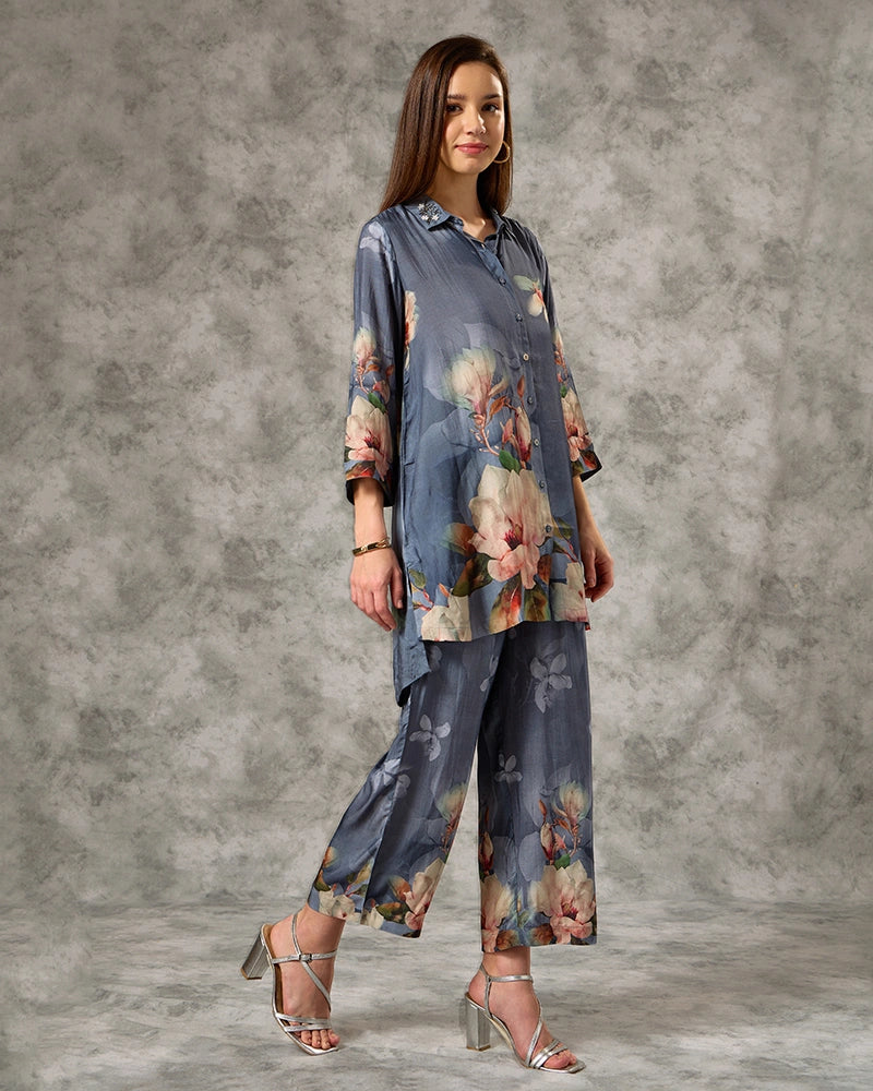 Floral Printed Modal Embroidered Collar Neck Top with Pant Co-Ord Set - Blue