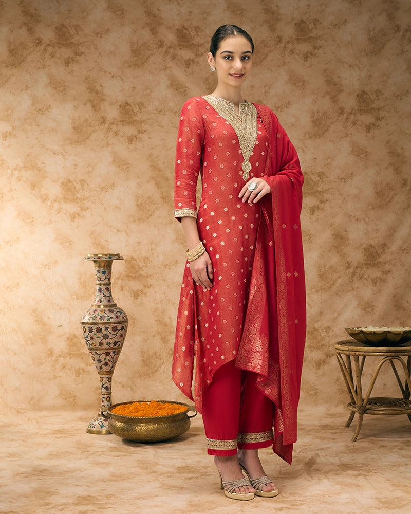 Asymmetric Brocade Kurta Set - Red