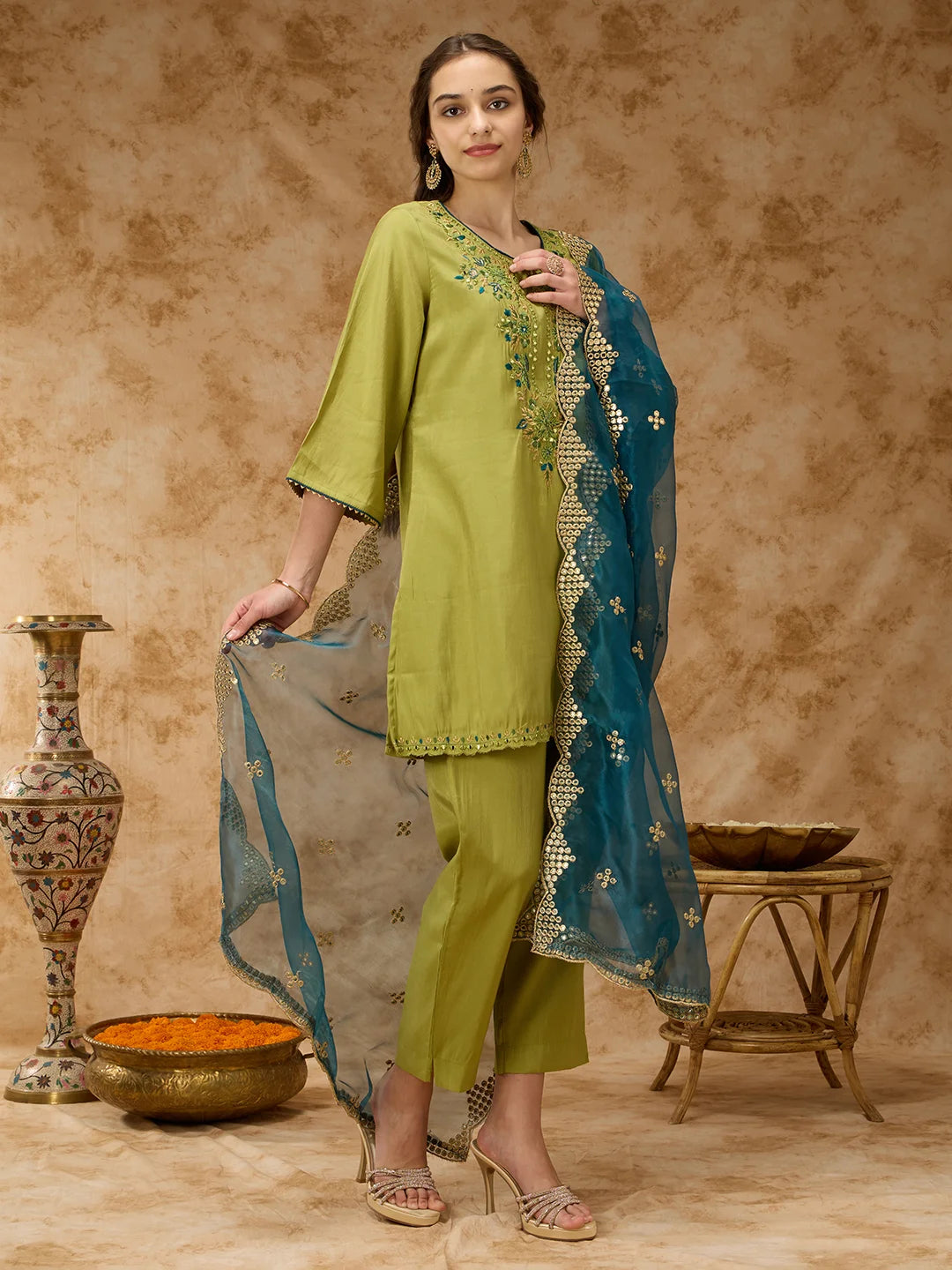 Round-Neck Embroidered Kurta Set with Pant and Dupatta - Lime