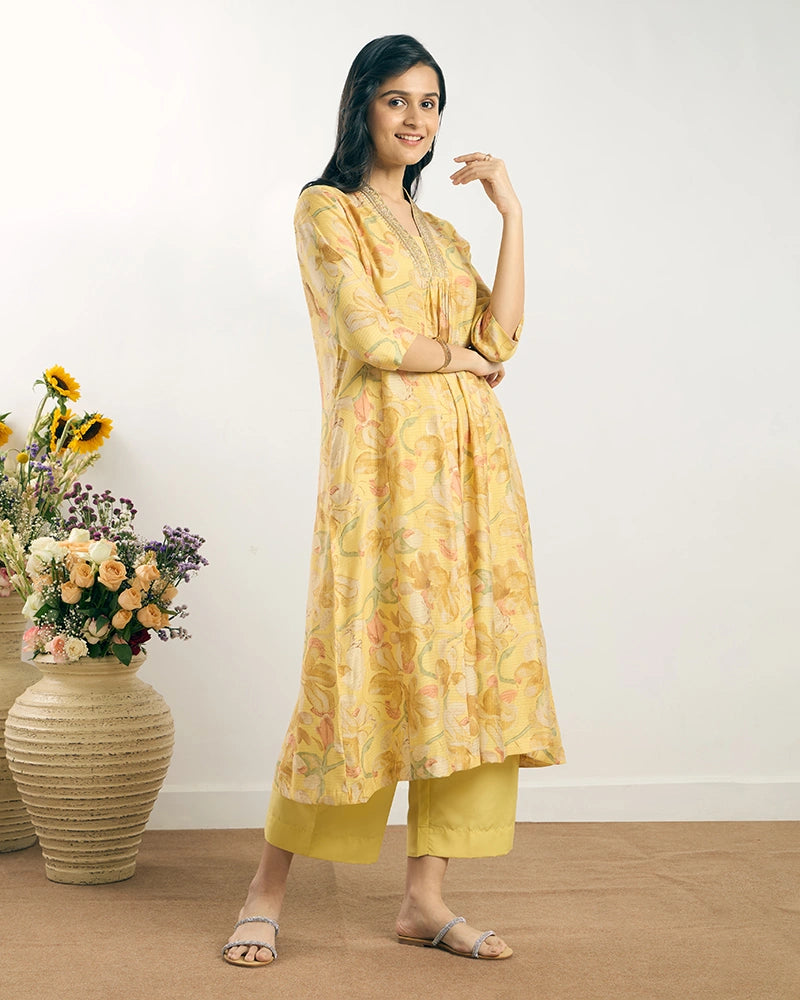 Yellow V-Neck Zari Embroidered Kurta Set for Women