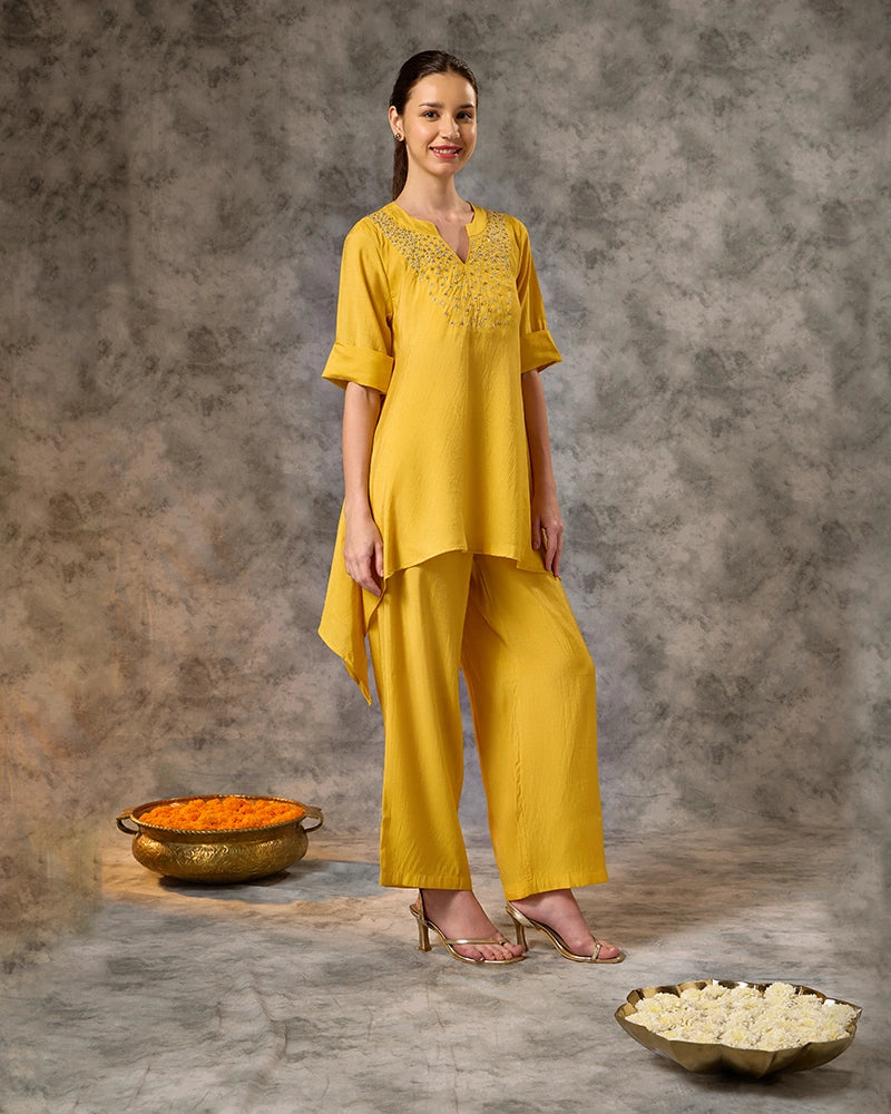 Asymmetric Zari Embroidered Kurta with Pant Co-Ord Set - Mustard