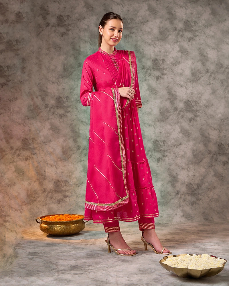 Foil Printed Kurta Set with Pant with Dupatta - Fuschia