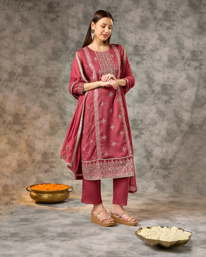 Placement Embroidered Round Neck Kurta Set with Pant and Dupatta - Pink