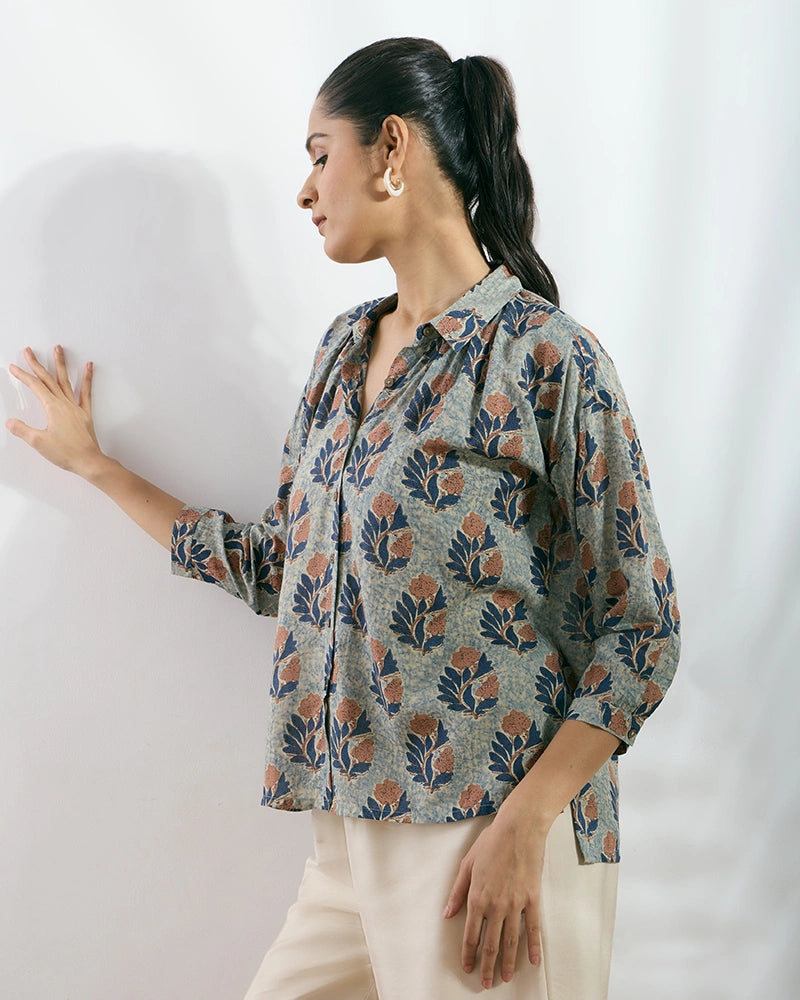 Navy Blue Modal Printed Boxy Fit Shirt for Women