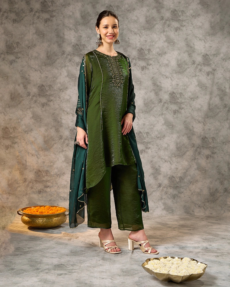 Asymmetric Embroidered Kurta Set with Pant and Dupatta - Bottle Green