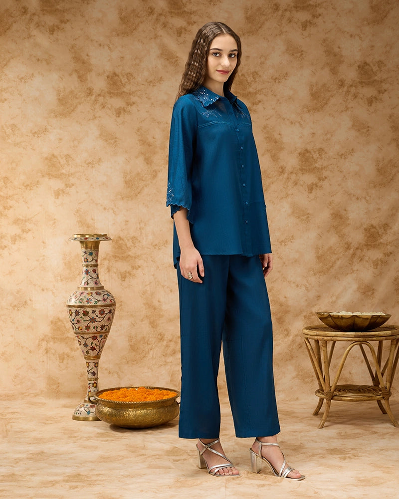 Shirt Collar Co-ord Set with Tonal Embroidery & Lace Inserts - Blue
