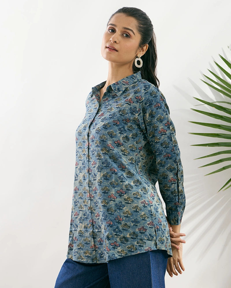 Blue Viscose Printed Regular Fit Shirt for Women