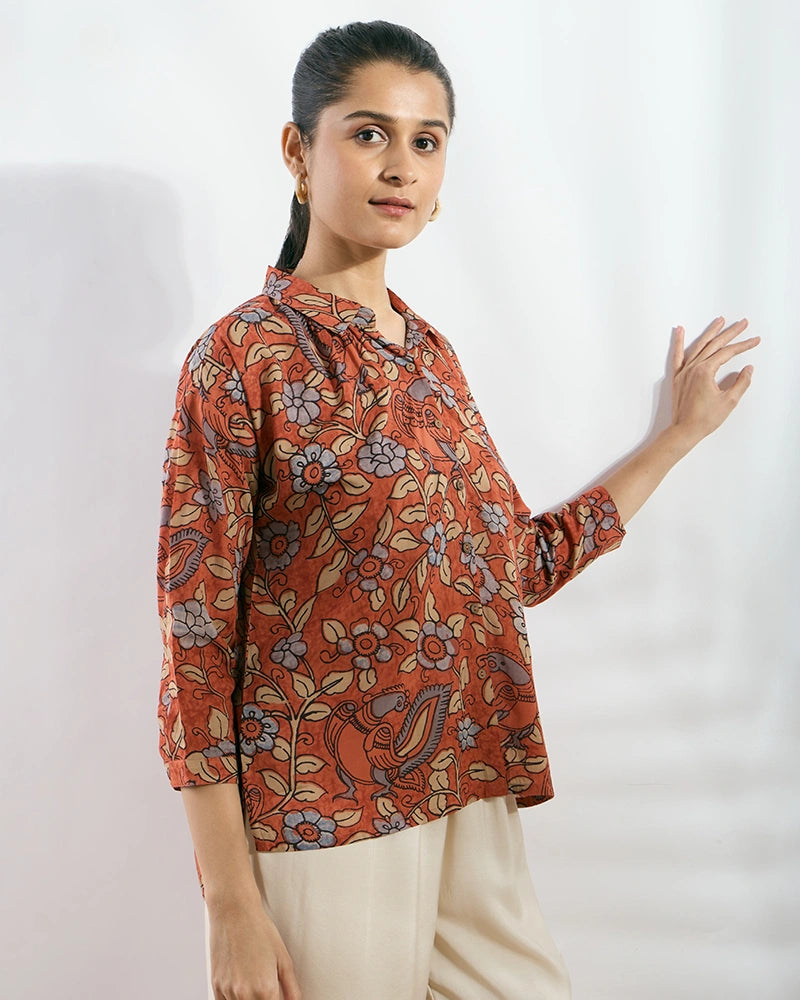 Rust Modal Printed Boxy Fit Shirt for Women