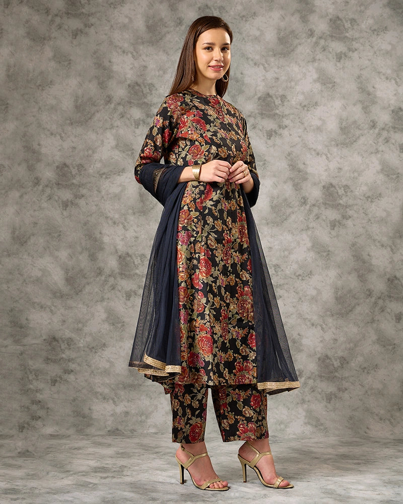 Zari Embroidered All over Printed Mandarin Neck Kurta Set with Pant and Dupatta - Black