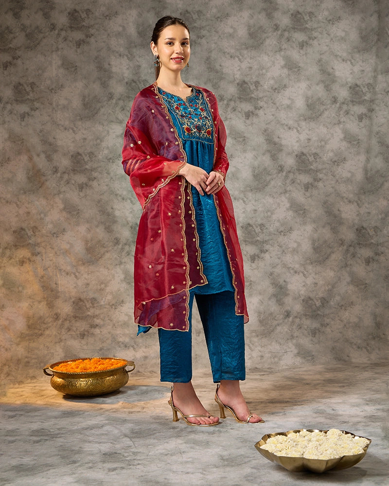 Embroidered Kurta Set with Pant and Dupatta - Mid Blue