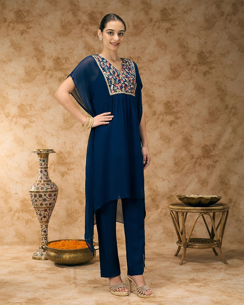 Embroidered yoke kaftan set - Navy