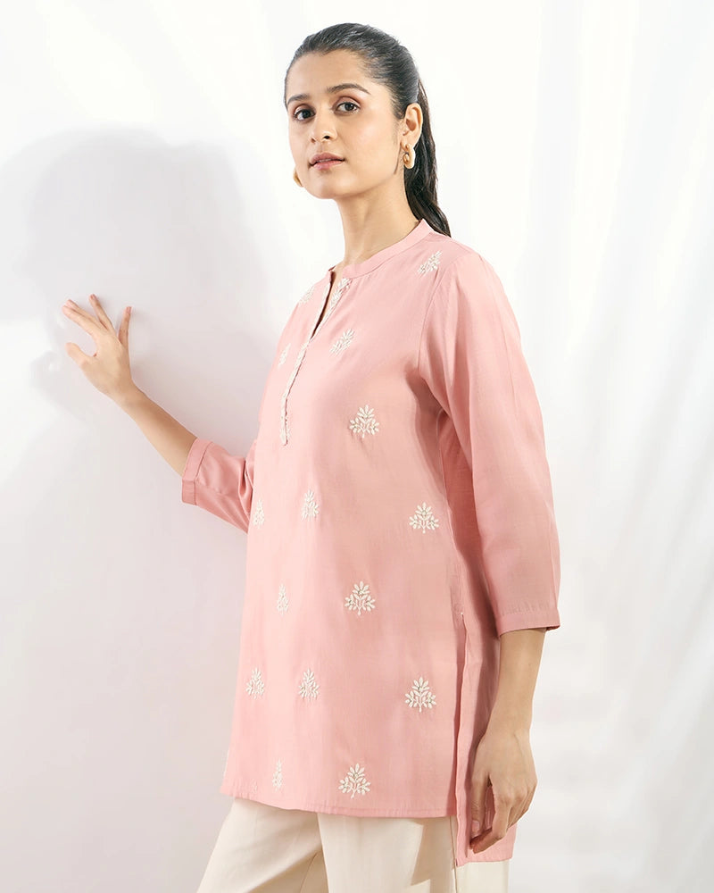Pink All-Over Embroidered Hi-Low Top for Women