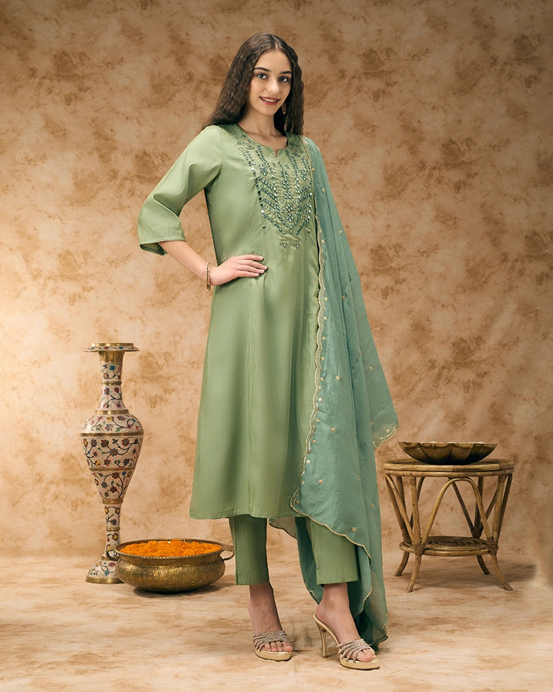 A-line embroidered kurta set - Sage Green