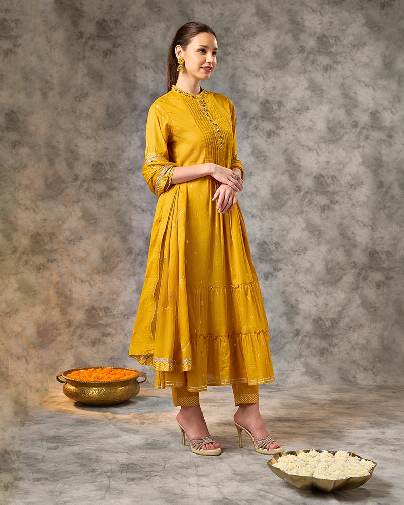 Foil Printed Kurta Set with Pant and Dupatta - Mustard