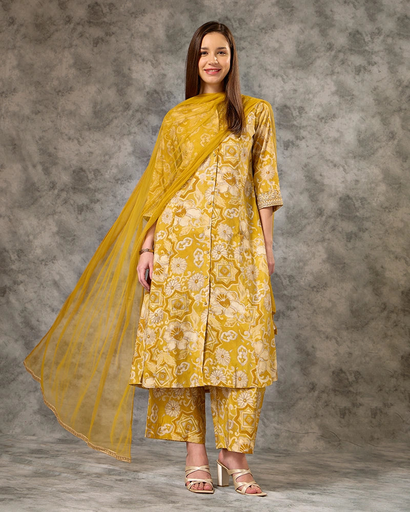 Zari Embroidered All over Printed Mandarin Neck Kurta Set with Pant and Dupatta - Yellow