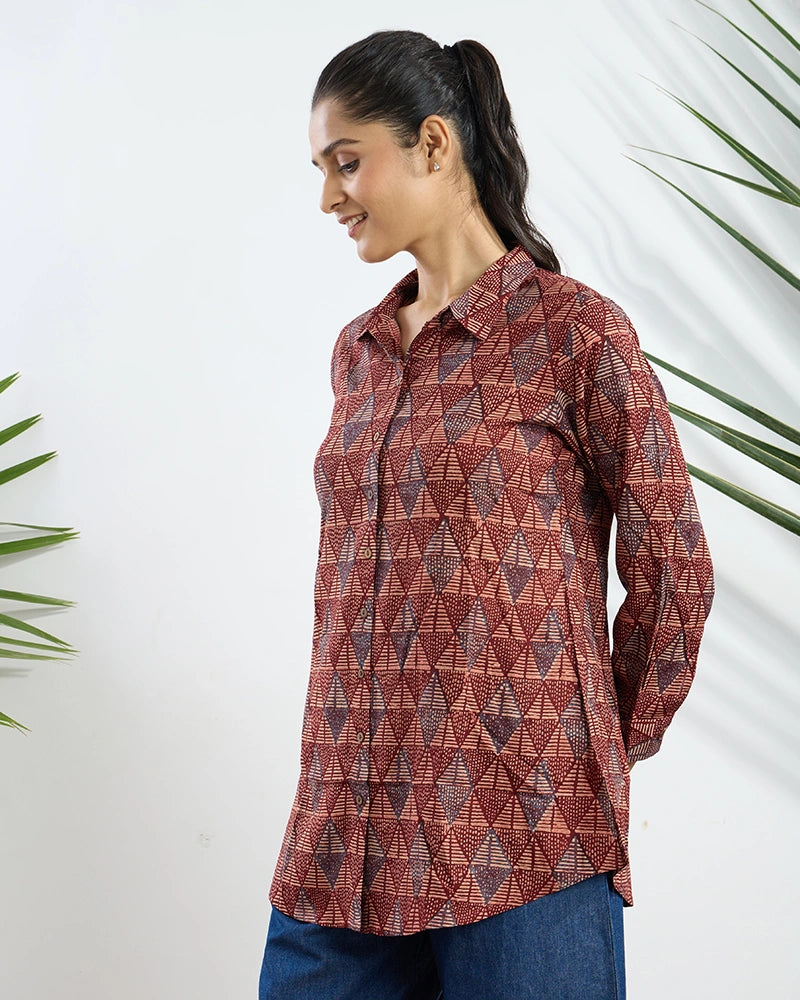 Red Viscose Printed Regular Fit Shirt for Women