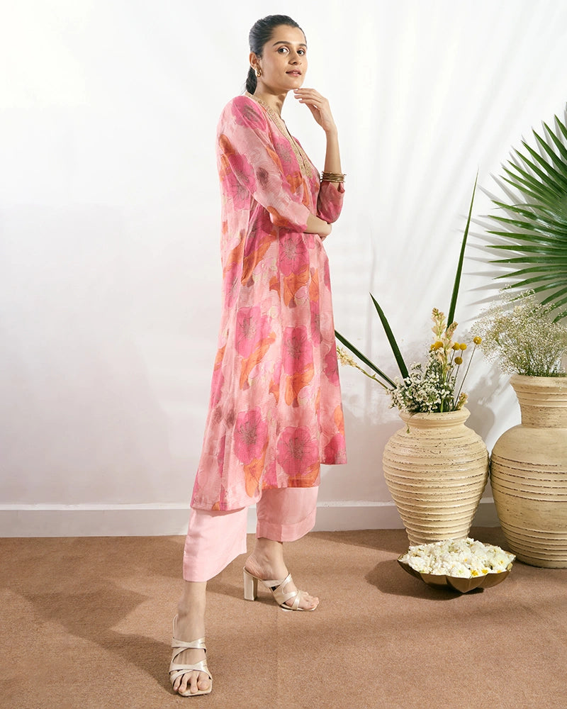 Pink V-Neck Zari Embroidered Kurta Set for Women