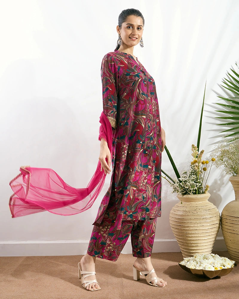 Blue Printed Button-Down Kurta Set with Dupatta for Women