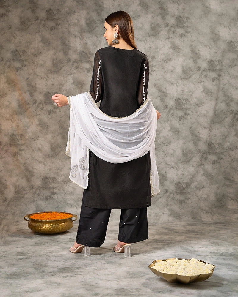 V-Neck Embroidered Kurta Set with Pant and Dupatta - Black
