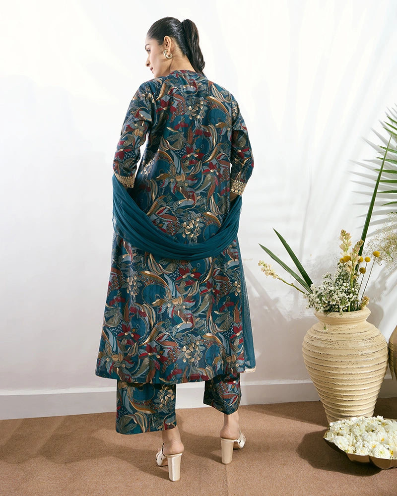 Blue Printed Button-Down Kurta Set with Dupatta for Women