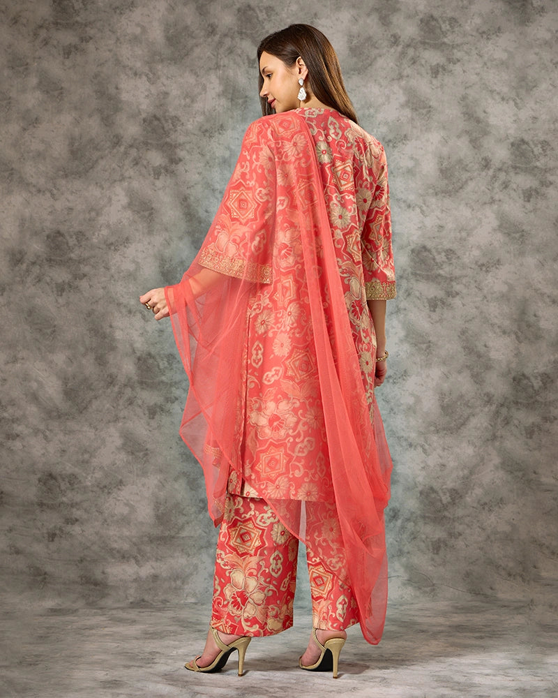 A-line All Over Floral Printed Kurta Set with Pant & Dupatta - Orange