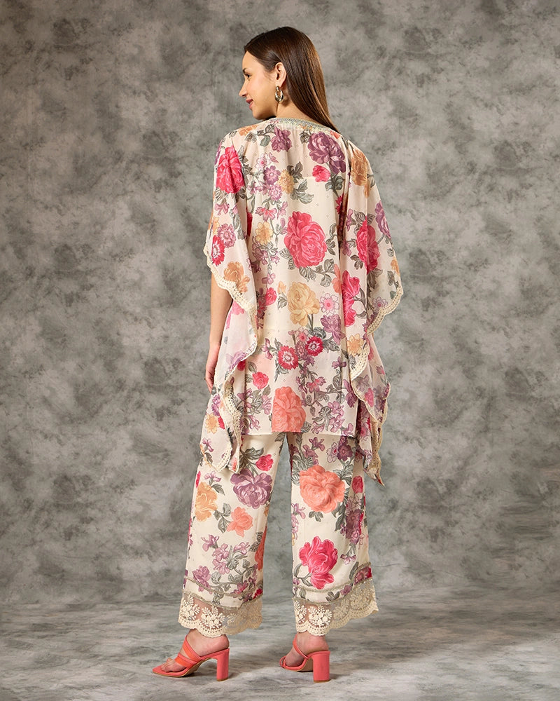 Off White All Over Printed Tie Up Neck Co-Ord Set for Women