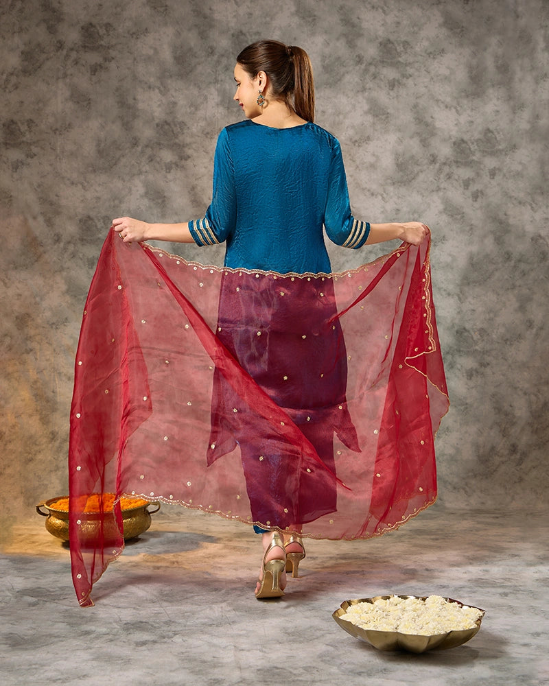 Embroidered Kurta Set with Pant and Dupatta - Mid Blue