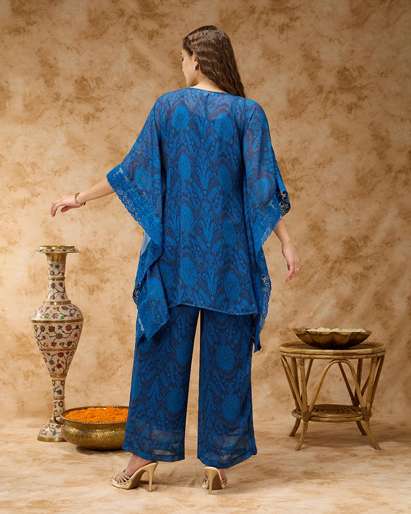 All Over Printed Tie Up Neck Kaftan Co-Ord Set - Navy