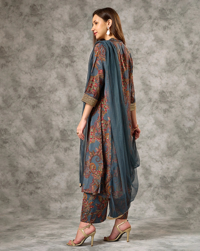 Zari Embroidered All over Printed Mandarin Neck Kurta Set with Pant and Dupatta - Blue