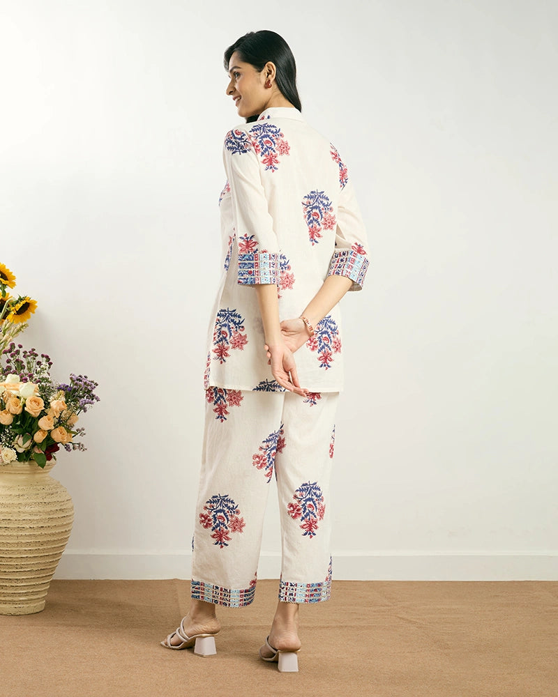Off-White Butta Printed V-Neck Co-ord Set for Women