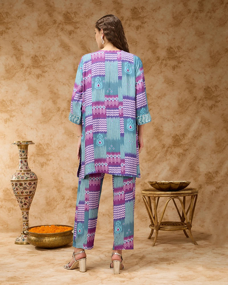 Ikkat Printed Co-ord Set with Mirror Embroidered Yoke