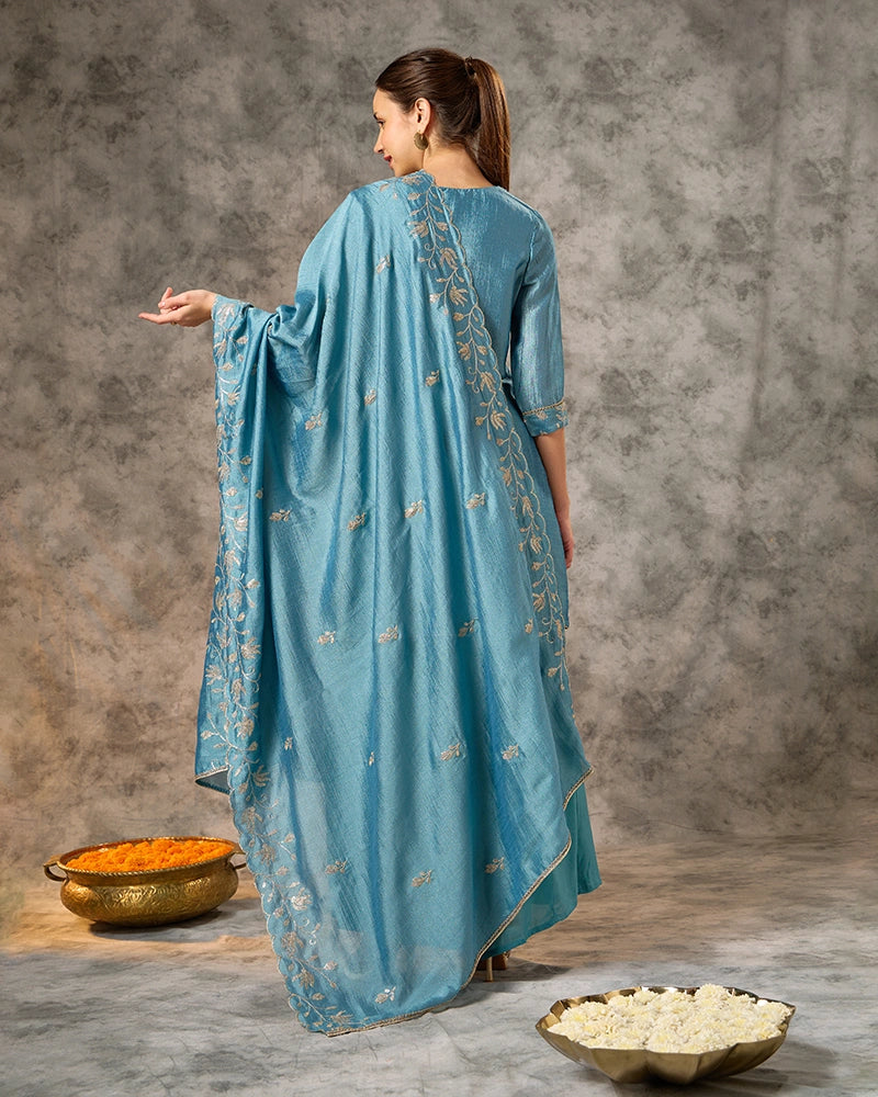 Embroidered Round Neck Kurta Set with Wide Pant and Dupatta - Teal