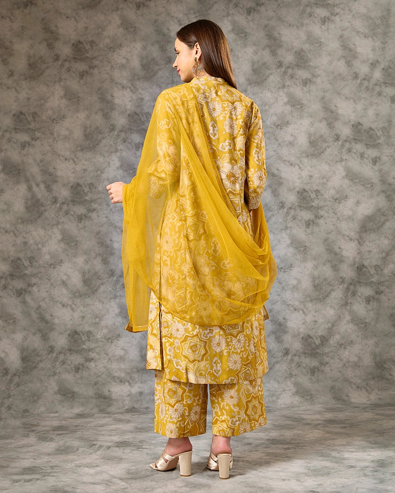 Zari Embroidered All over Printed Mandarin Neck Kurta Set with Pant and Dupatta - Yellow