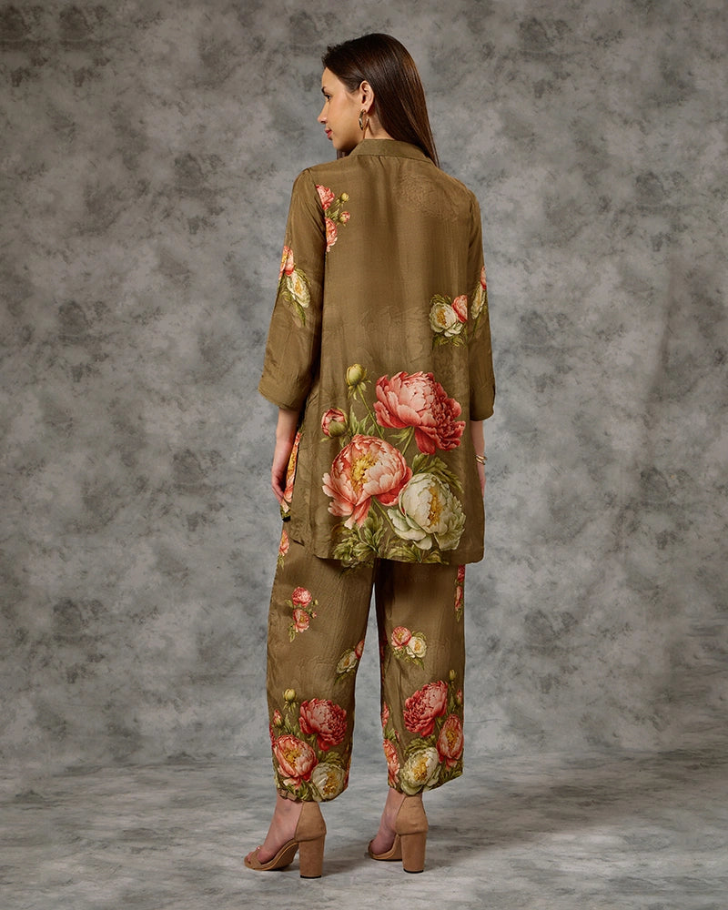 Floral Printed Modal Embroidered Collar Neck Top with Pant Co-Ord Set - Green