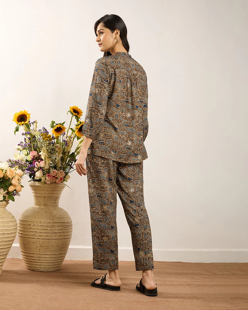 Blue Printed Y-Placket Co-ord Set for Women
