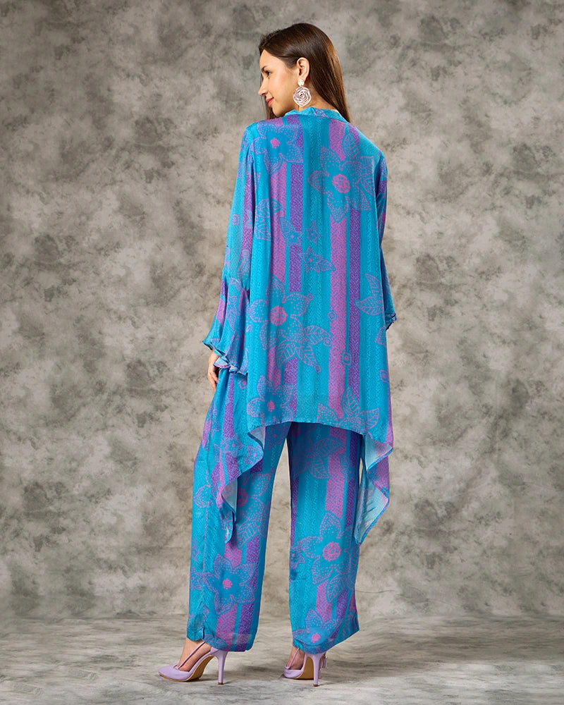V-Neck Bandhani Printed Co.ord Set - Blue