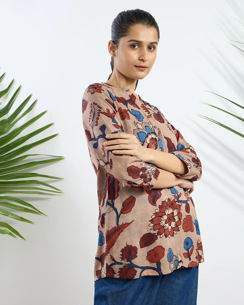 Beige Printed Viscose Tunic for Women