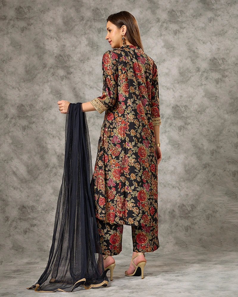 Zari Embroidered All over Printed Mandarin Neck Kurta Set with Pant and Dupatta - Black