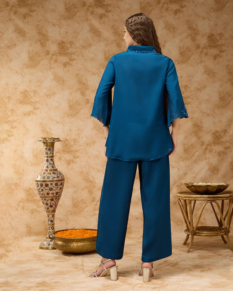 Shirt Collar Co-ord Set with Tonal Embroidery & Lace Inserts - Blue