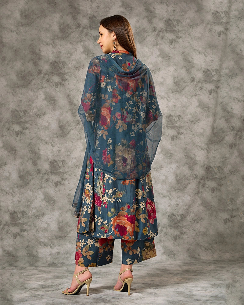 Zari Embroidered All over Printed Mandarin Neck Kurta Set with Pant and Dupatta - Blue