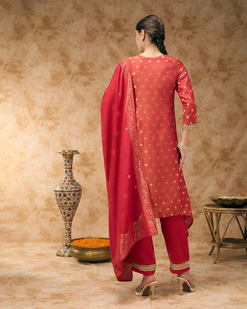 Asymmetric Brocade Kurta Set - Red