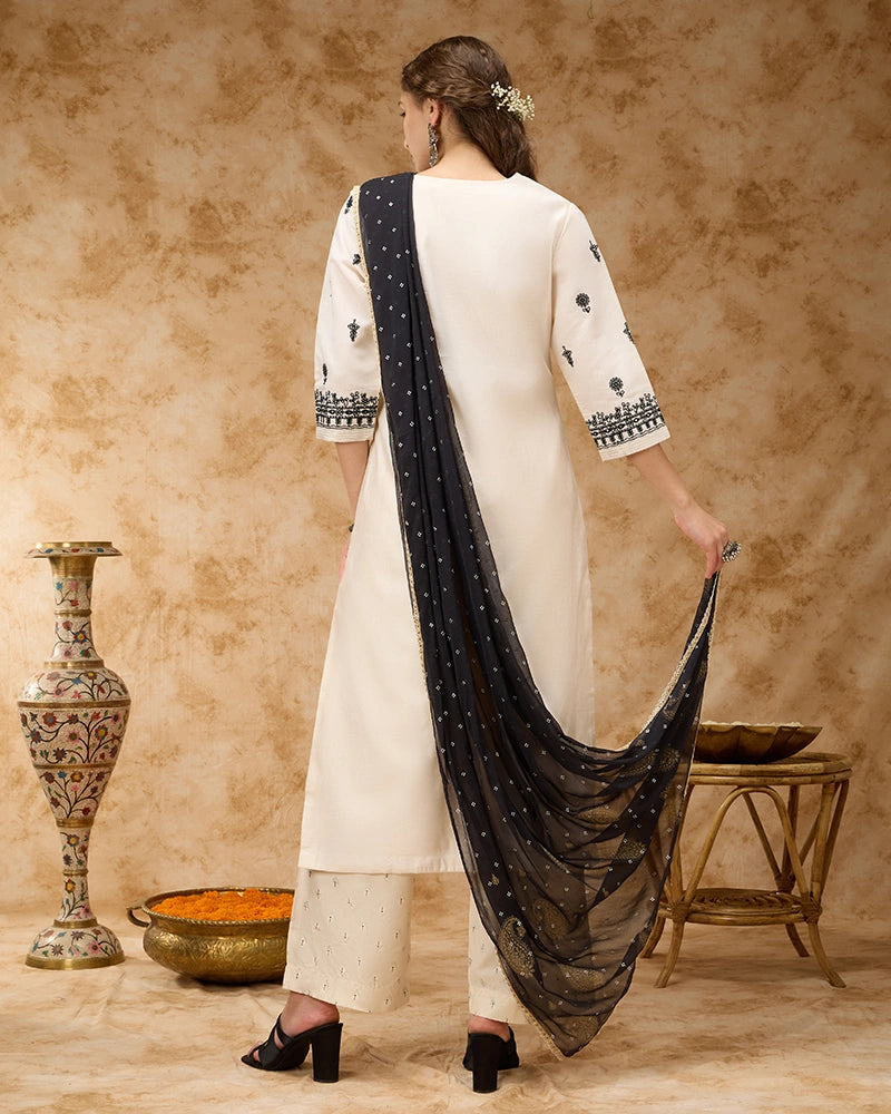 Round Neck A-line Embroidered Kurta Set with Pant & Dupatta - Off White