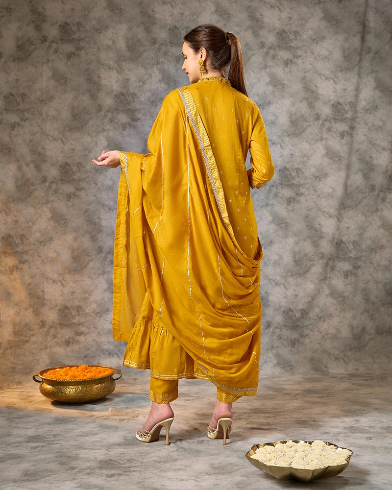 Foil Printed Kurta Set with Pant and Dupatta - Mustard