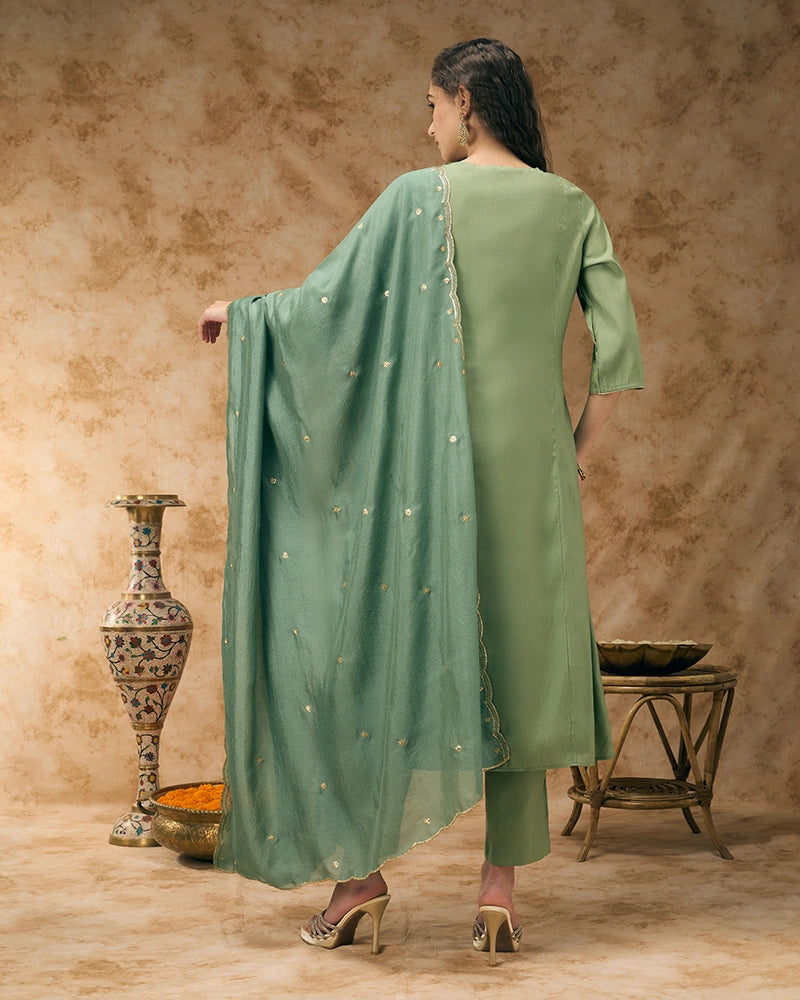 A-line embroidered kurta set - Sage Green