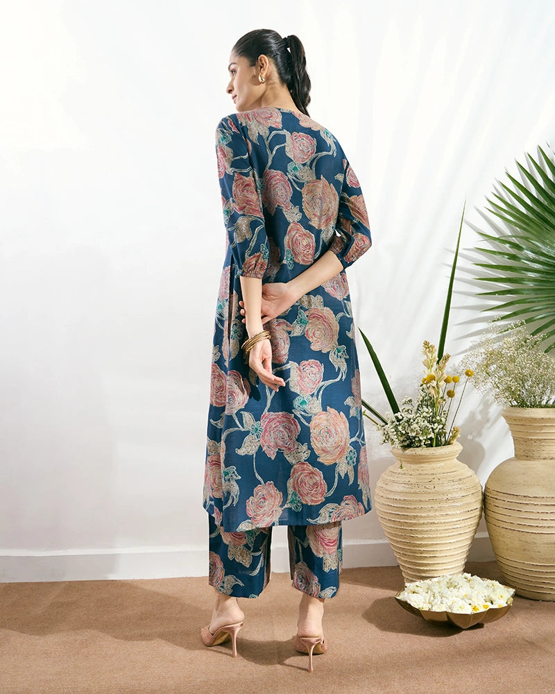 Navy Blue Printed V-Neck Kurta Set with Embroidered Neckline for Women