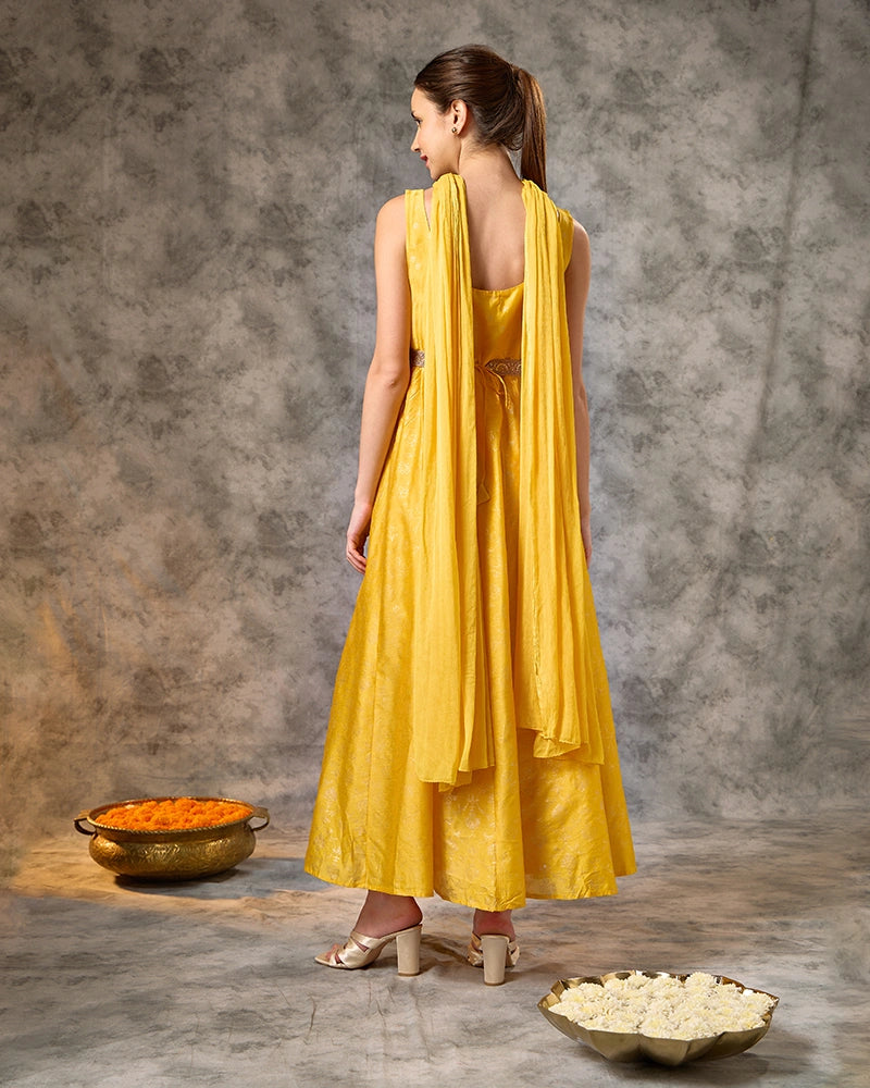 Foil Printed Long Anarkali Kurta with Embroidered Dupatta  - Yellow