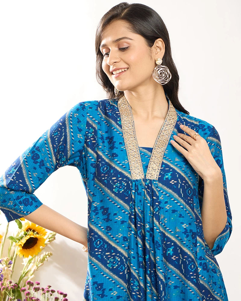 Blue V-Neck Zari Embroidered Kurta Set for Women