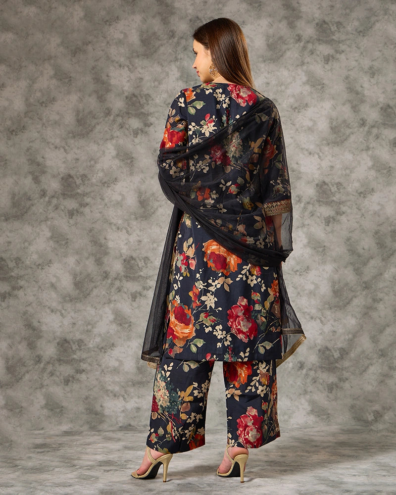 A-line All Over Floral Printed Kurta Set with Pant & Dupatta - Blue