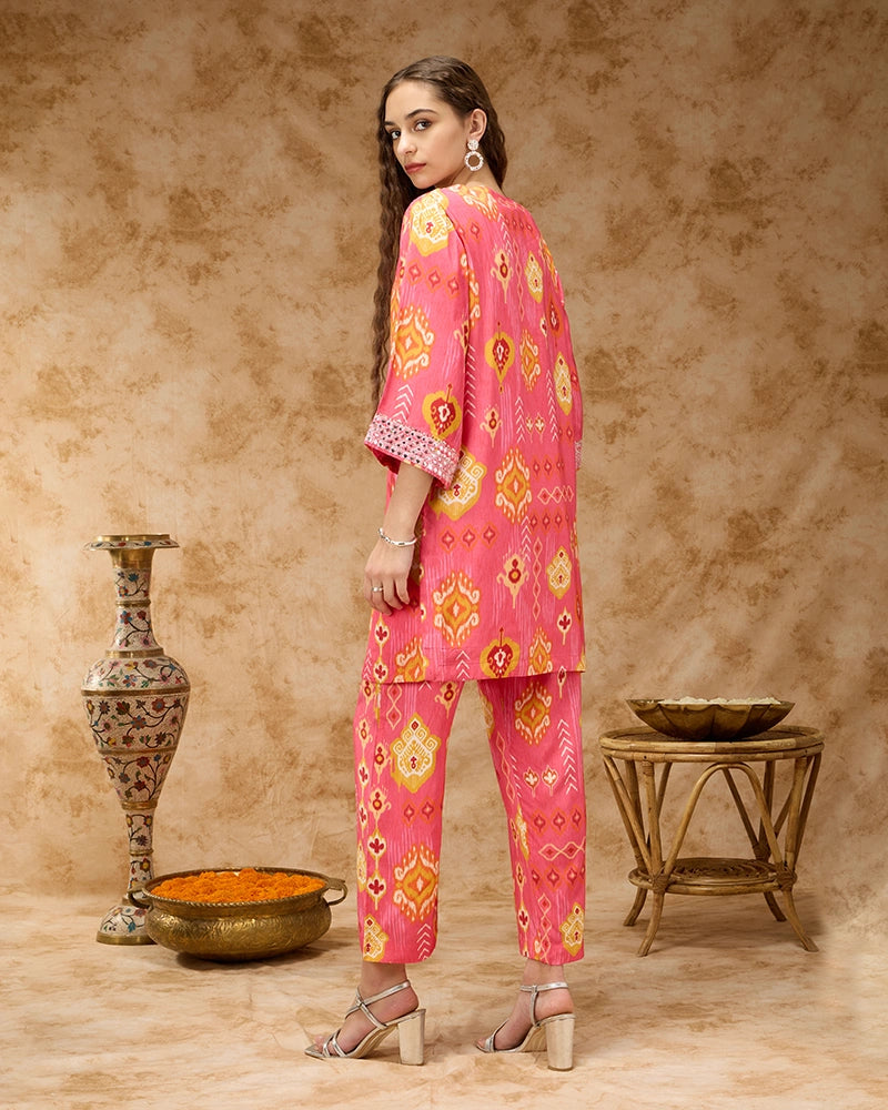 Ikkat Printed Co-ord Set with Mirror Embroidered Yoke